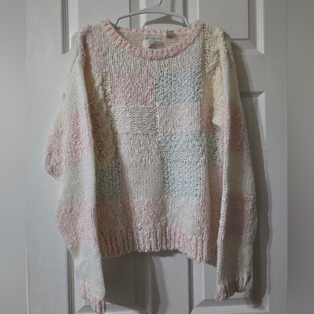 Vintage Margules Hand Knit Granny Square Crewneck Cable Knit Sweater, Pastels.
